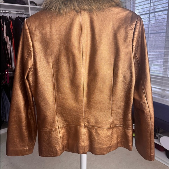 Luxurious Bronze Faux Fur Collar Leather Jacket - Picture 6 of 8